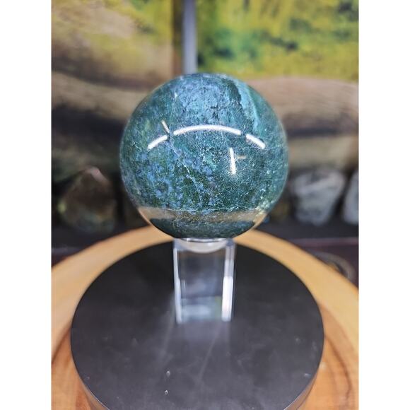 Natural Moss Agate Quartz Crystal Sphere Polished 73mm W/stand 1.16lb - Picture 2 of 9